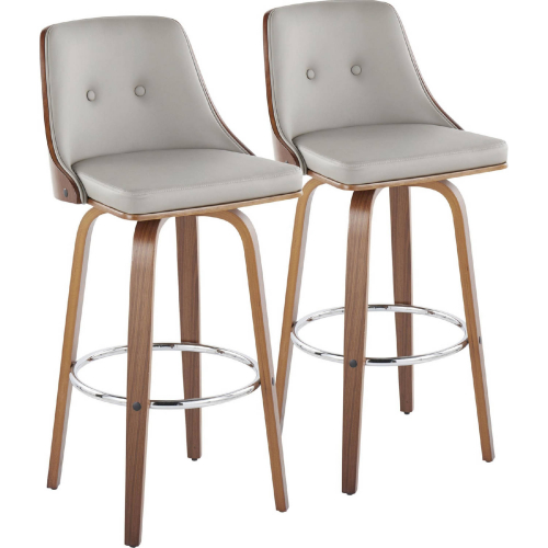 Gianna Swivel Bar Stool in Walnut Wood & Light Grey Leatherette with Chrome Footrest (Set of 2)